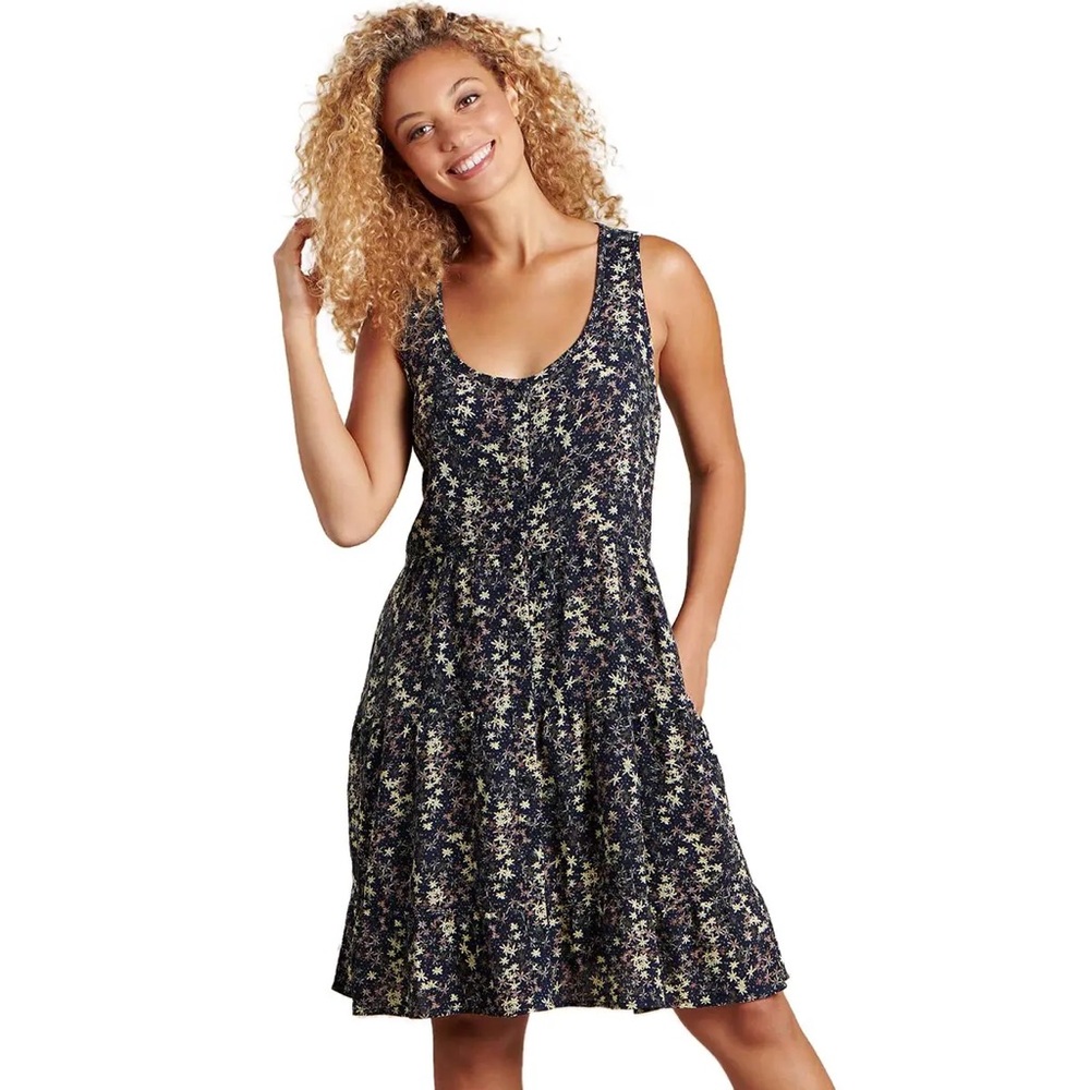 Toad&Co Women’s Manzana Tiered Sleeveless Dress Blue Floral Organic Cotton- M